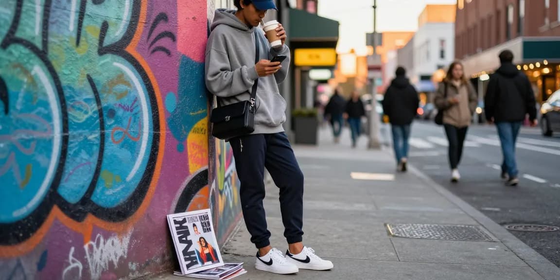 Fashionable individual at https://shs-dome5.com/ streetwear scene in vibrant urban setting.