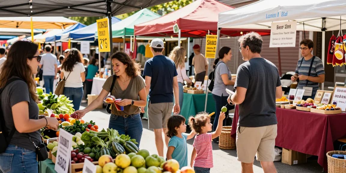 Engaging community shopping scene at local market featuring diverse shoppers supporting local vendors