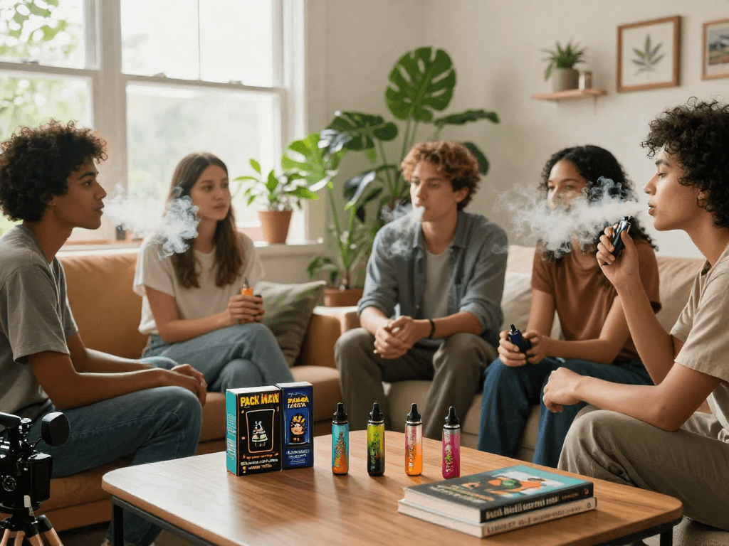 Pack Man THC vape experience with friends in a relaxed living room, showcasing premium quality and unique flavors.