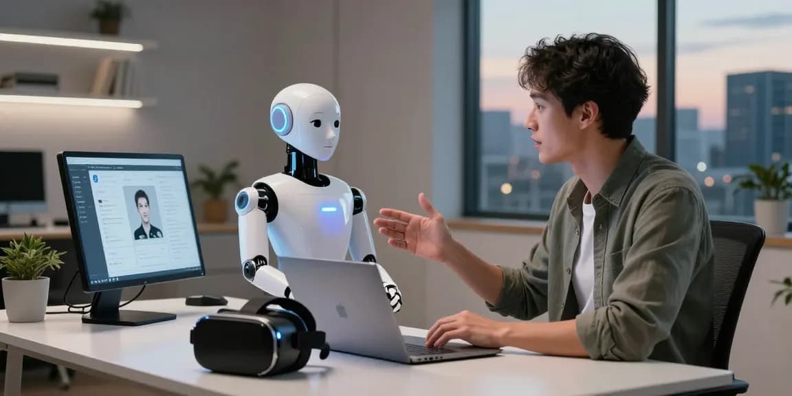 Engaging interaction with a sex bot in a modern tech workspace, showcasing innovation and lifestyle integration.