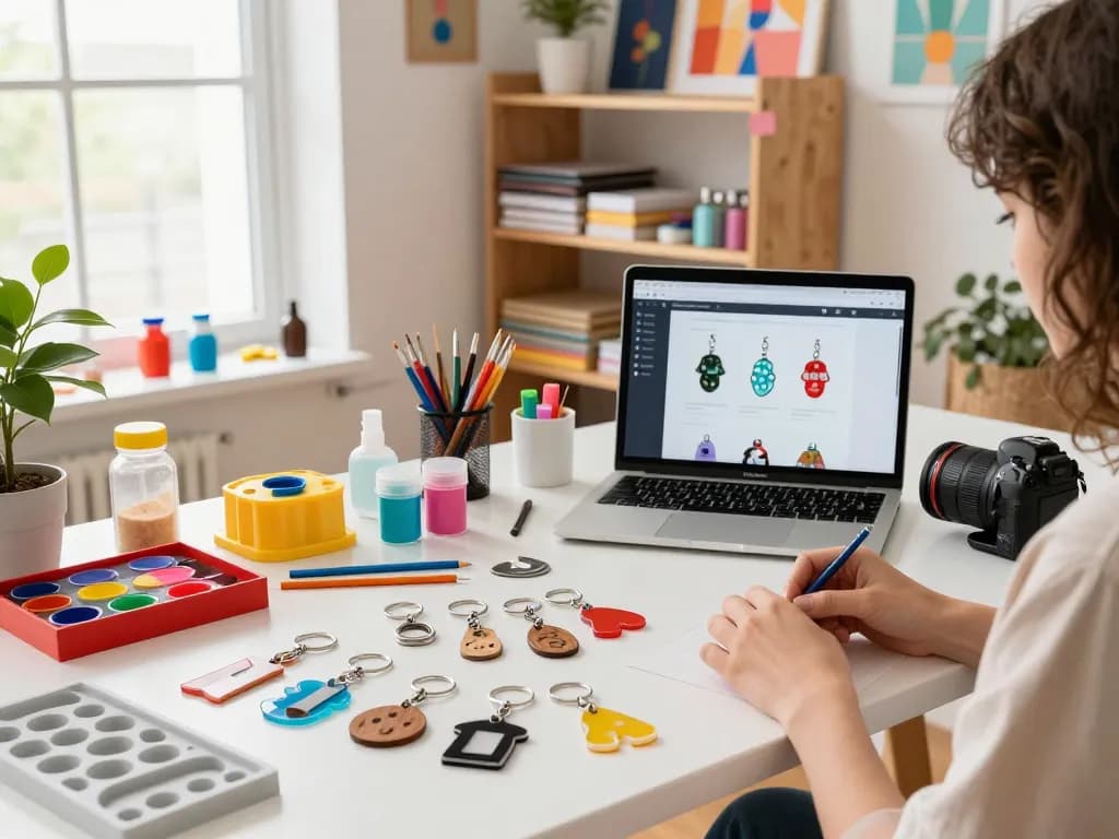 Keychain custom creation in a vibrant workspace with diverse materials and designs.
