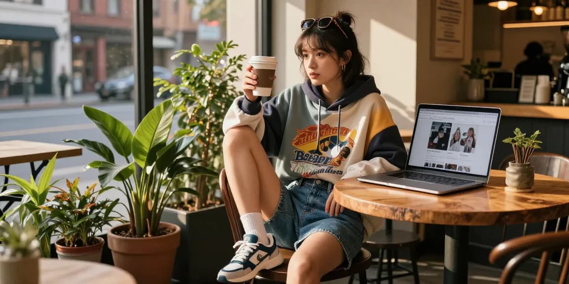 Stylish young adult at a cafe accessing https://shs-dome5.com/ on laptop, capturing modern urban fashion.