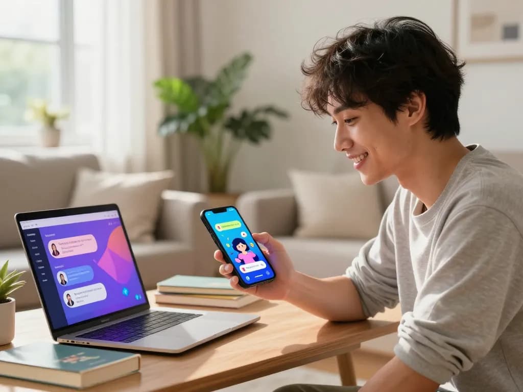 Enjoying a lively spicychat conversation with a virtual AI companion in a modern living room.