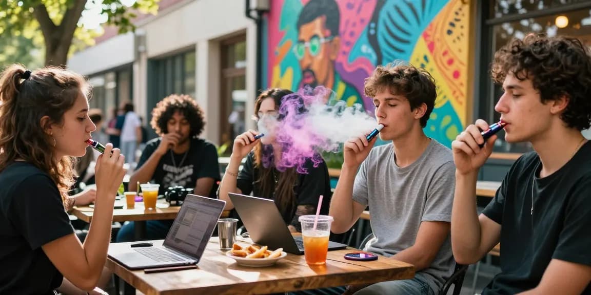 Vapes Spanien - Junge Erwachsene genießen Vapes in einem urbanen Café mit bunten Dampfwolken und trendiger Atmosphäre.