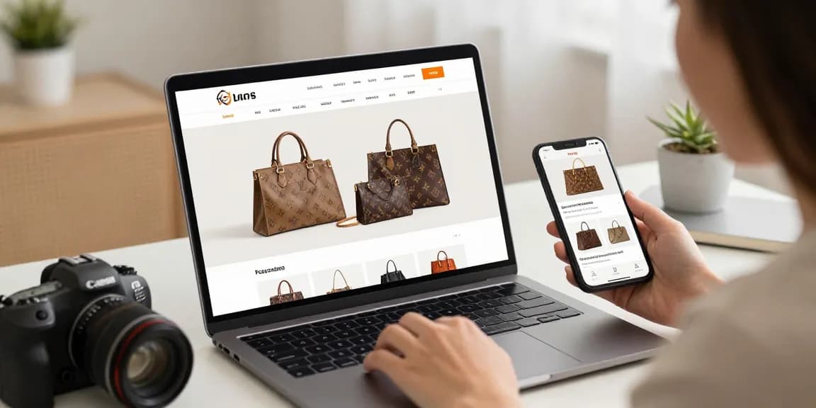 Online shopper exploring luxury 레플리카 handbag options in a modern e-commerce setting.