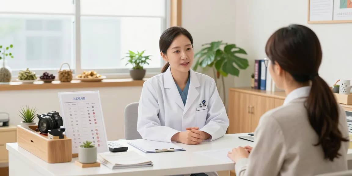 Consultation at 영통한의원 showcasing holistic health care environment with practitioner and patient.