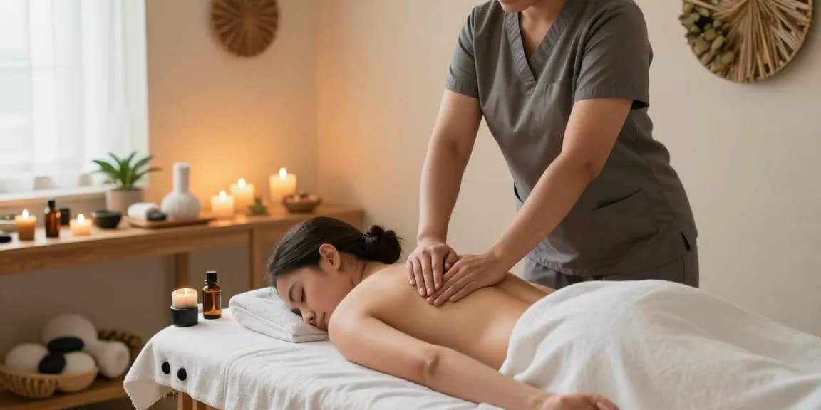 Massage therapist providing a relaxing 마사지 treatment in a tranquil wellness studio with ambient lighting and soothing decor.