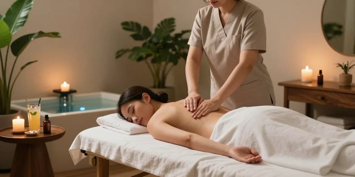 A serene Swedish massage session in a tranquil spa setting, featuring a therapist and relaxing client.