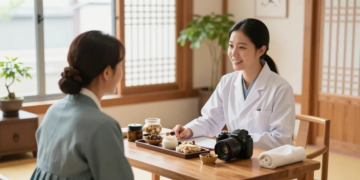 수원한의원 consultation scene with acupuncturist and patient in a warm and inviting clinic
