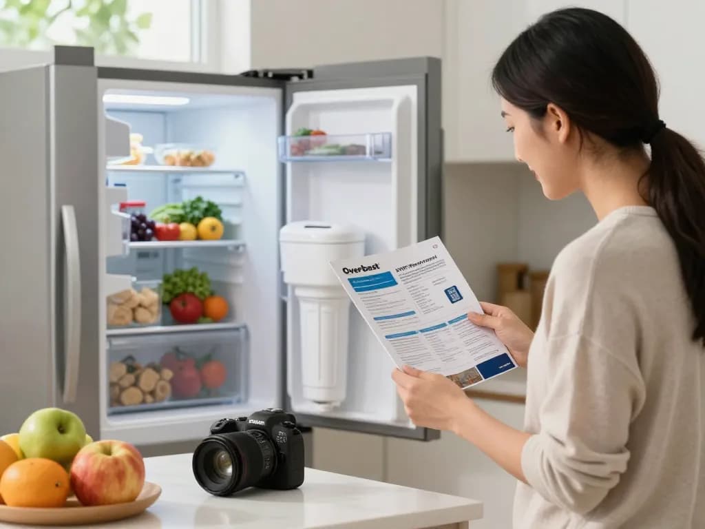 Homeowner inspecting the Overbest XWF Replacement for GE® XWF Refrigerator Water Filter in a bright kitchen.