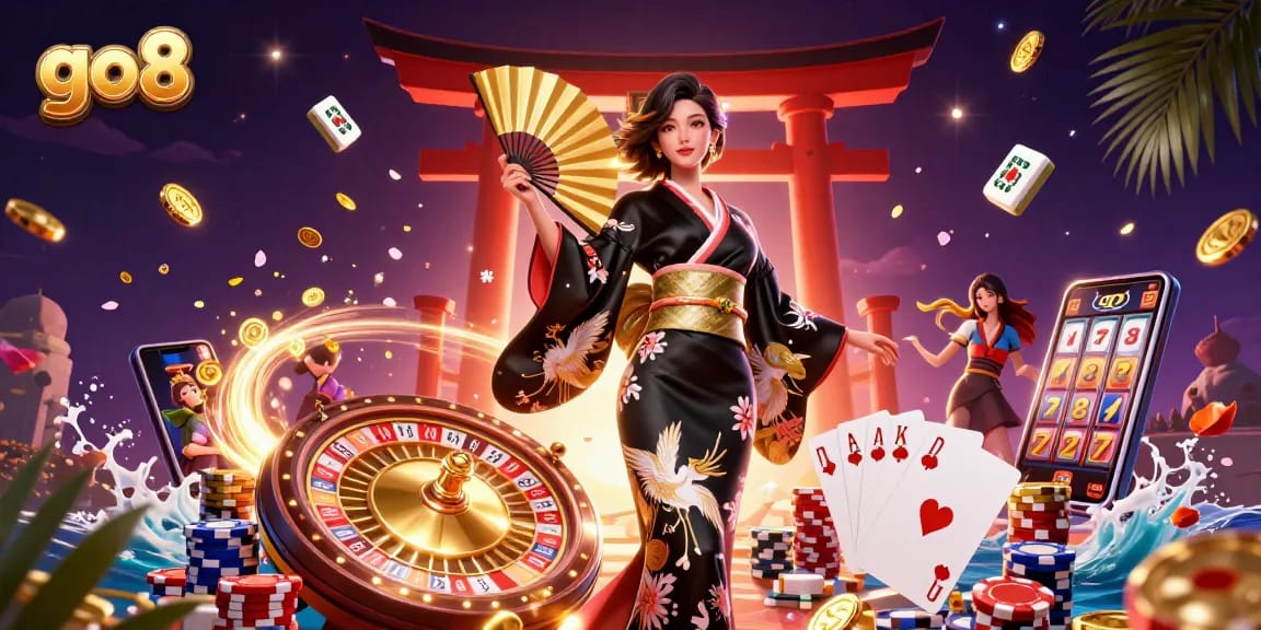 Engage in thrilling gaming experiences at go8 with our vibrant casino illustration featuring elegant characters and rich elements.
