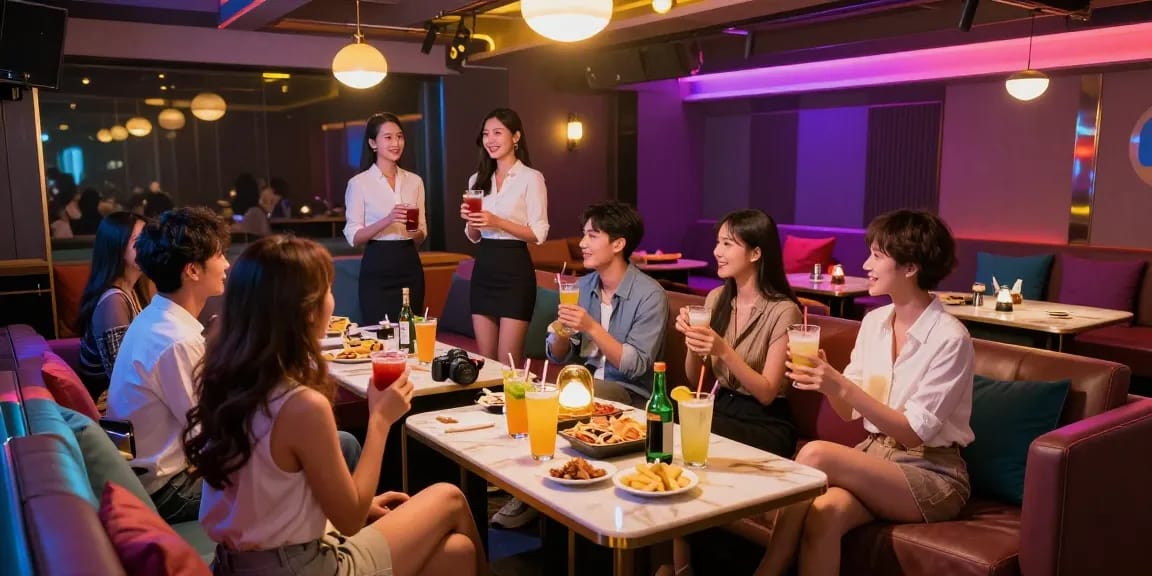 Explore nightlife at www.3no.org, a vibrant karaoke scene with friends enjoying drinks and entertainment.
