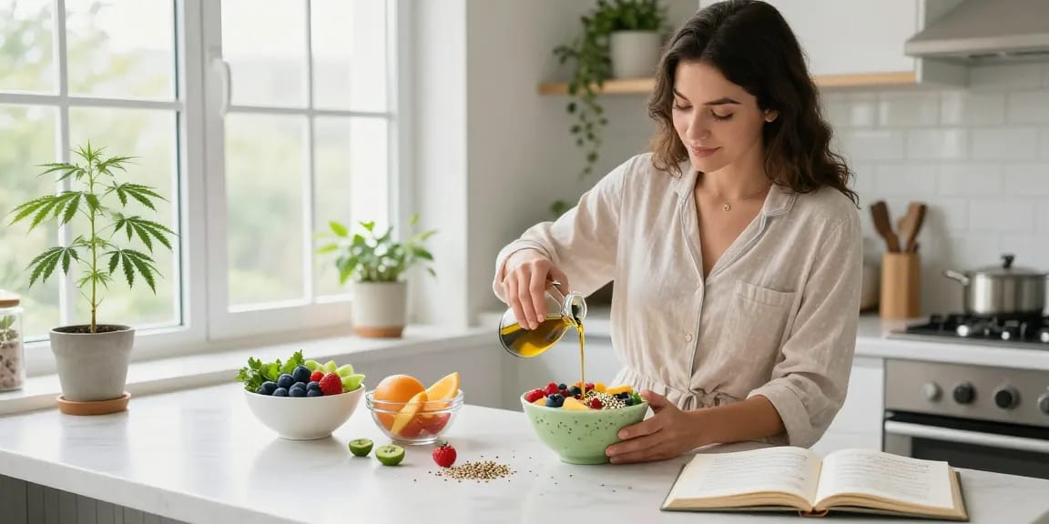 Marketing y Publicidad: aceites CBD y productos naturales en una cocina iluminada, creando bienestar orgánico.