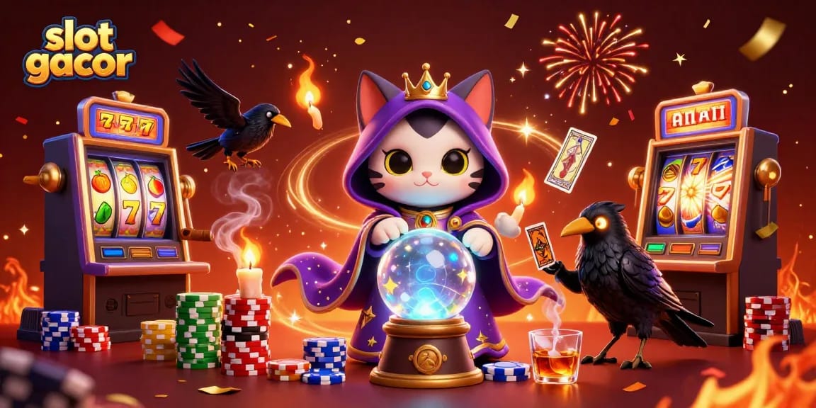 Win big with slot gacor at vibrant casino scene featuring mystical characters and action-packed slots.