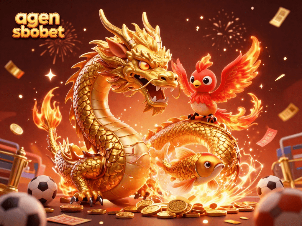 Menangkan taruhan agen SBOBET dengan coklat emas naga dan phoenix dinamis dalam perayaan olahraga.