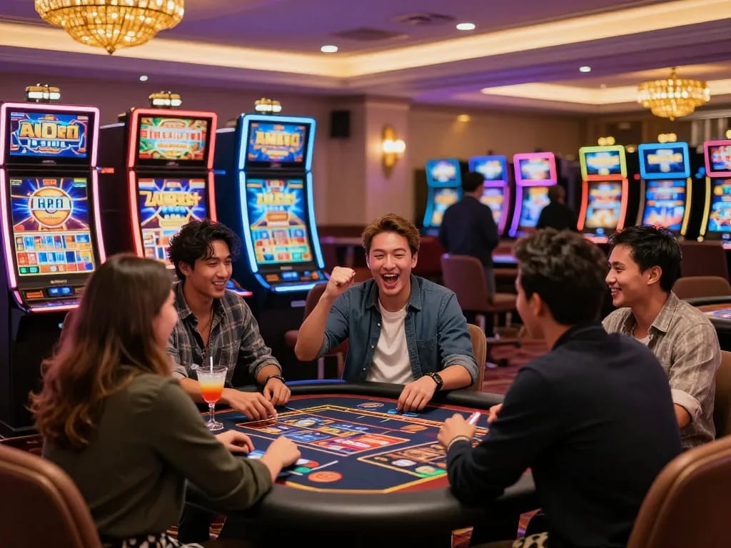 8kbet gaming experience with friends at a vibrant casino, full of excitement and cheers.