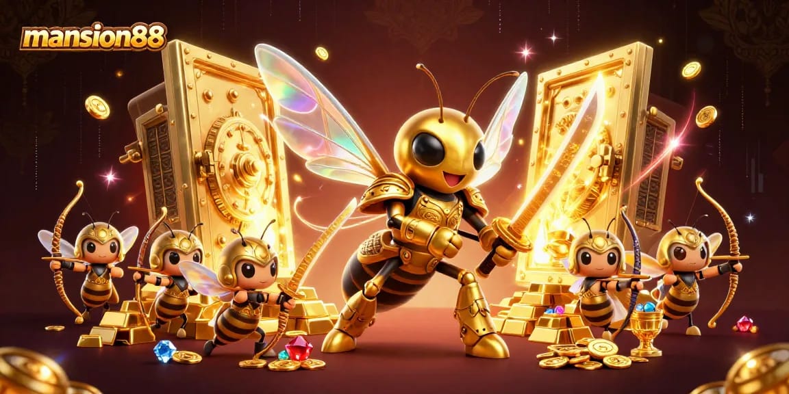 Experience thrilling moments at mansion88 with our vibrant 3D casino illustration featuring epic characters and gold treasures.