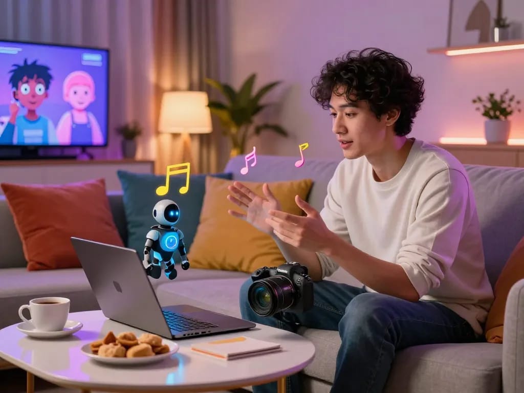 Vibrant NSFW AI chat scene with user engaging with animated chatbot in a cozy setting.
