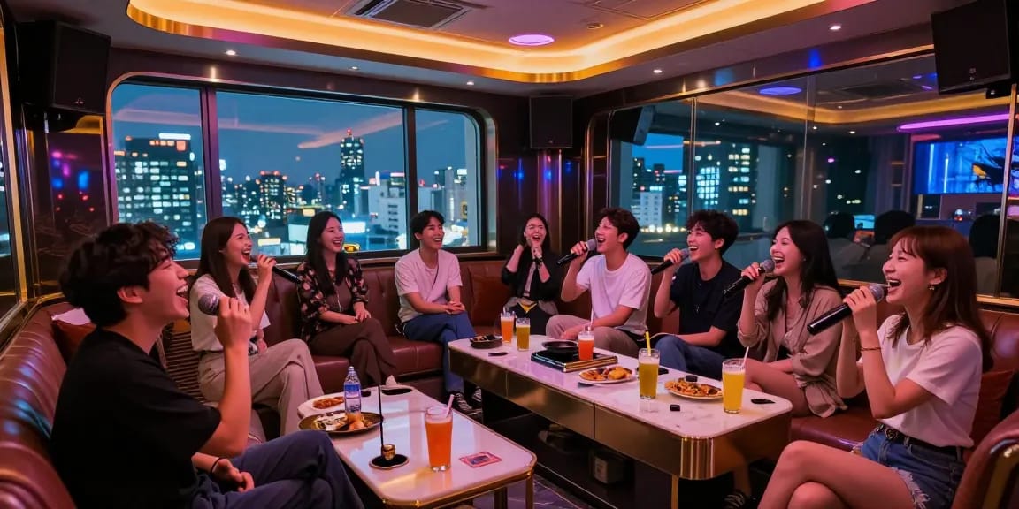 People enjoying 강남 가라오케 experience in a luxurious private room, with beautiful decor and vibrant atmosphere.