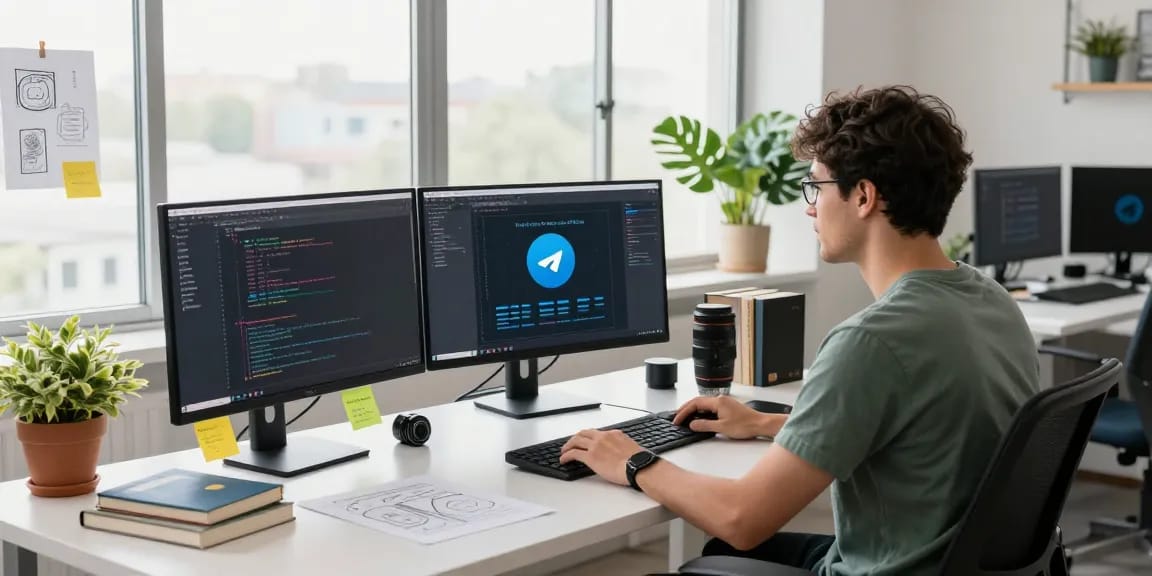 Developer coding Telegram application in a vibrant workspace with multiple screens and design elements, symbolizing innovation.