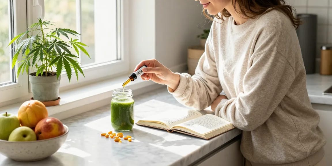 What is Hempworx CBD oil tincture, fresh ingredients, and natural wellness elements in a bright kitchen.