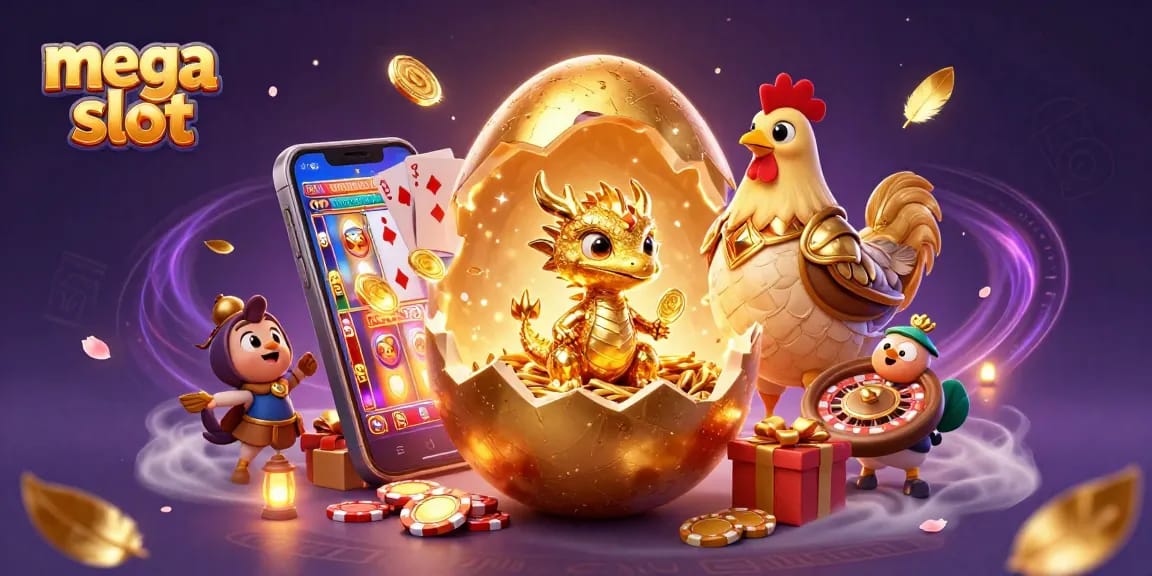 Menangkan mega slot dengan grafis menakjubkan, menampilkan naga emas dan chip poker di latar belakang.