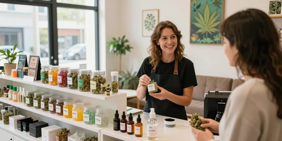 Marijuana shatter for sale EU displayed prominently in a vibrant dispensary with a friendly budtender assisting a customer.