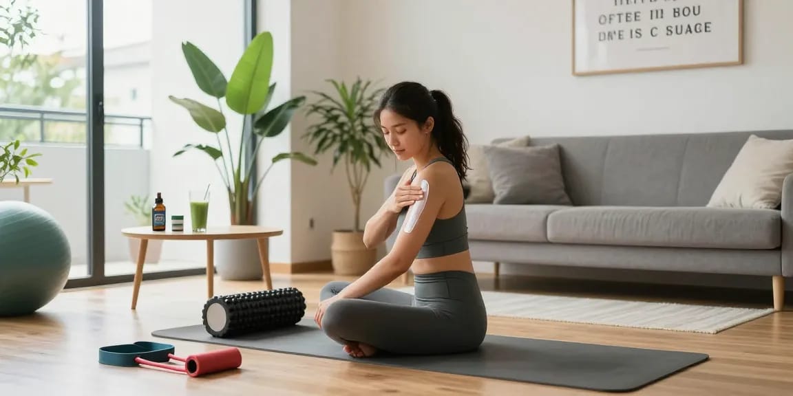 Ministry of Cannabis CBD topical being applied by an active woman during post-workout recovery in a natural living space.