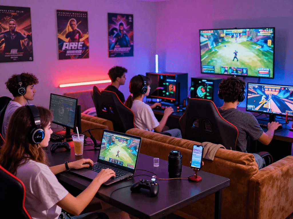 Players enjoying porngame experiences on diverse devices in a vibrant gaming lounge.