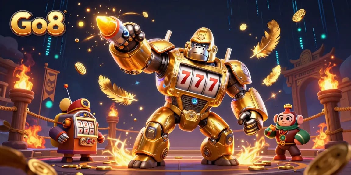 Engage with thrilling Go8 adventures featuring a golden gorilla mech, dynamic game elements, and exciting casino themes.