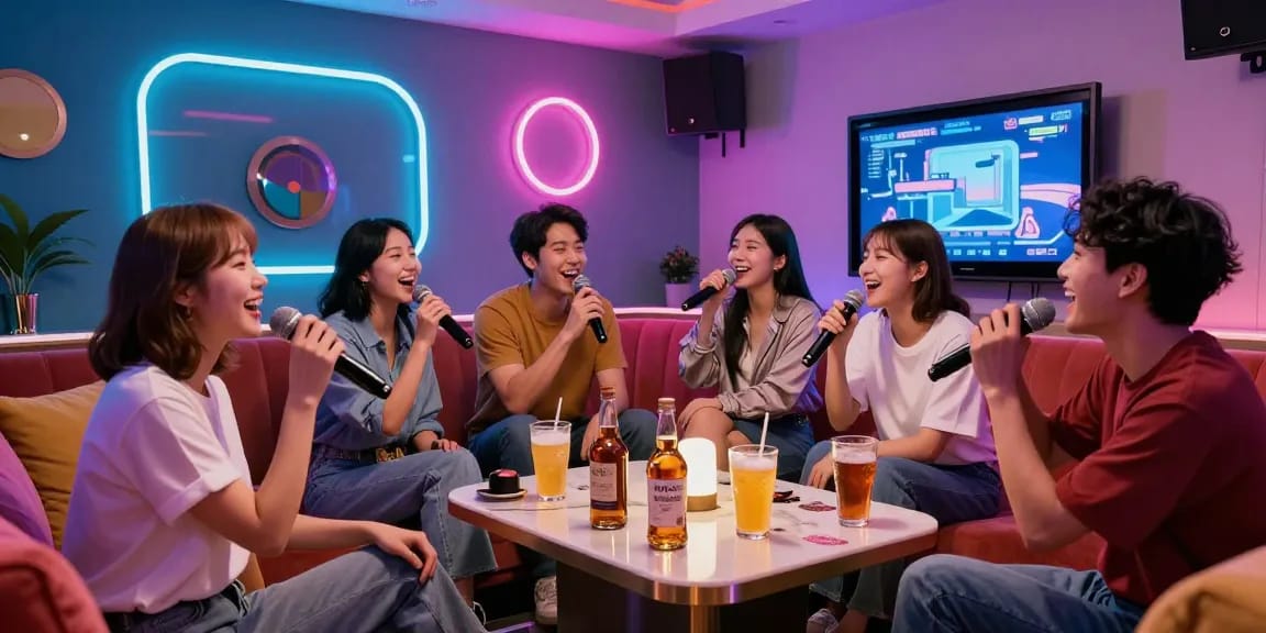 Enjoying 제주유흥 at a karaoke bar on Jeju Island with friends, colorful lights and whiskey bottles enhance the festive atmosphere