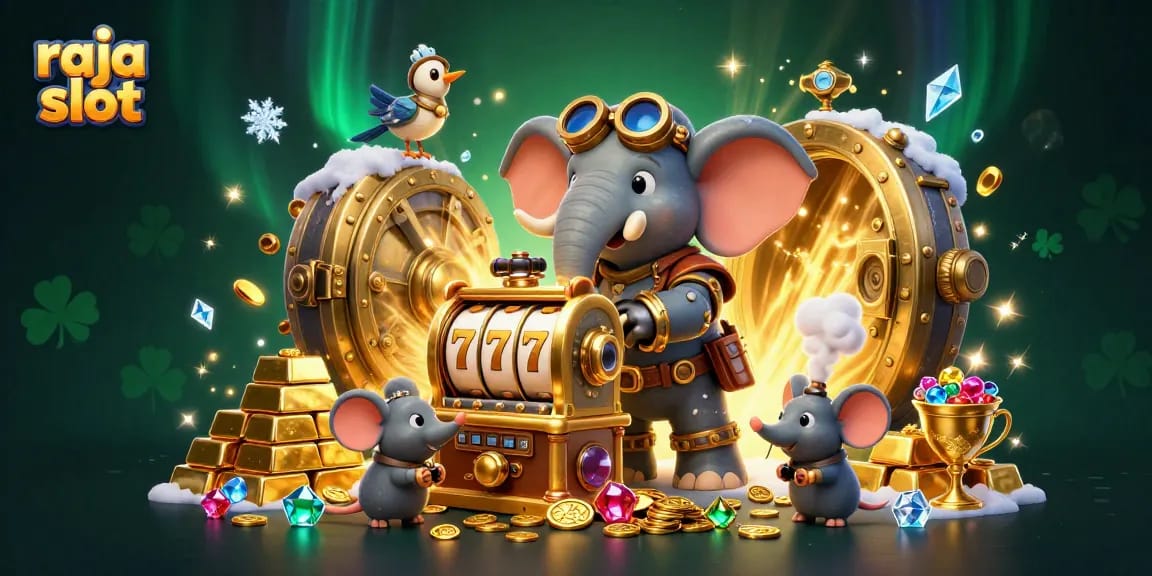 Raja slot dengan gajah teknik steampunk mengoperasikan mesin slot berkilau dan harta karun berlimpah.