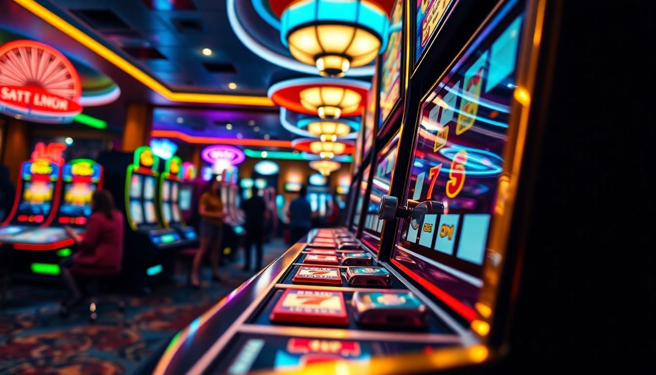 Slot Depo 5000 menampilkan pemain yang bersemangat di mesin slot mewah.