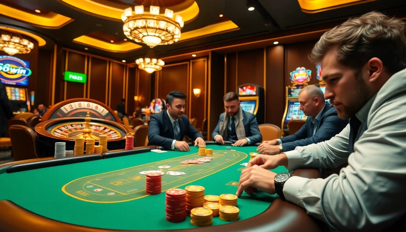 68win gambling enthusiasts enjoying a high-stakes poker game with vibrant casino ambiance.