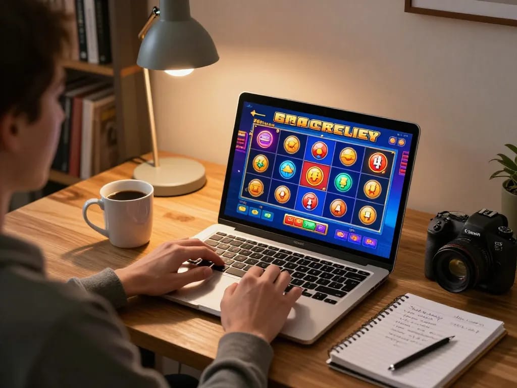 Person enjoying online slot gaming on laptop, showcasing vibrant game graphics and strategy notes