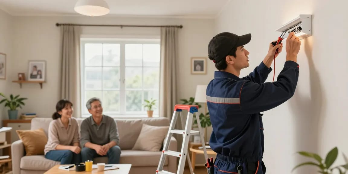 Trusted local electrician installing lights in a cozy home with family present