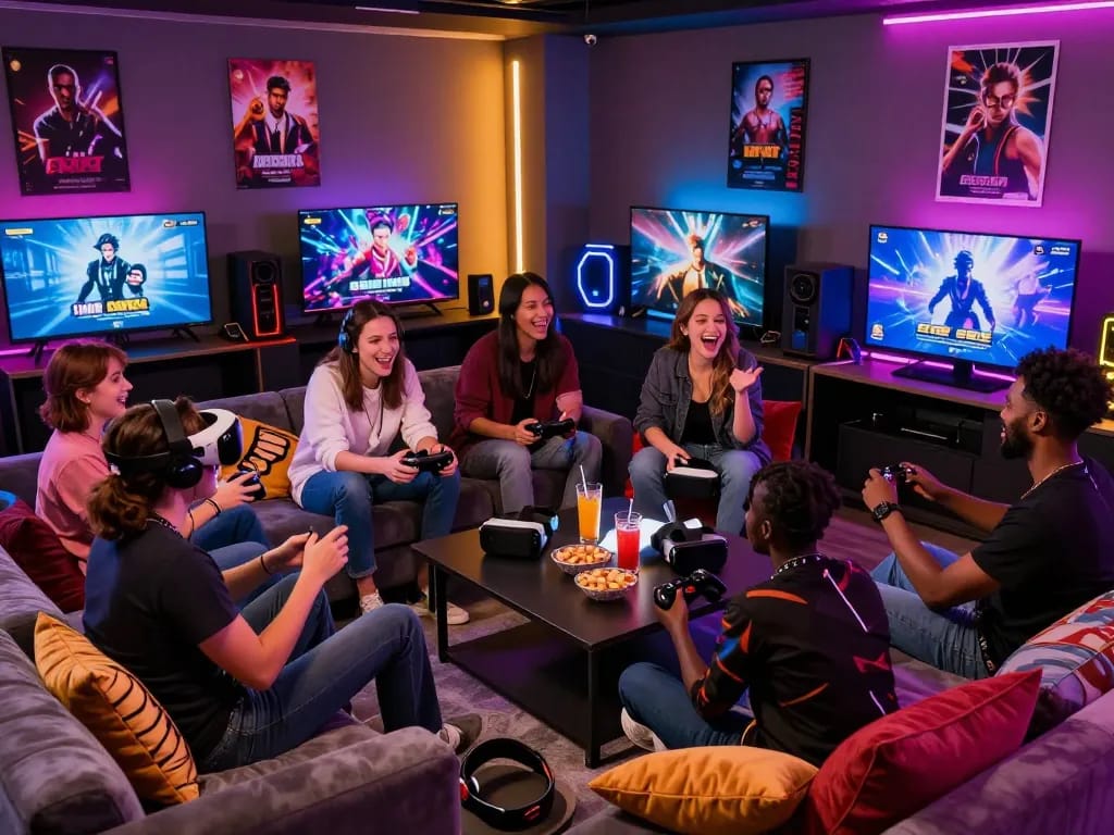 Group enjoying interactive sex games online in a cozy gaming lounge.
