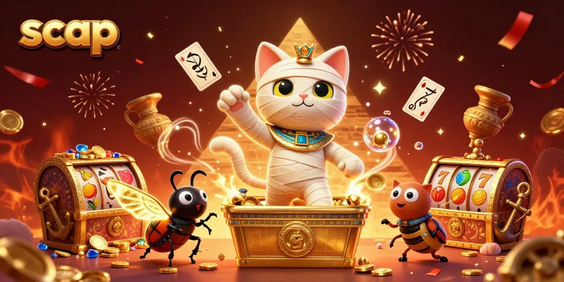 Engage with the scap casino adventure featuring a playful mummy cat and treasures in an artistic 3D scene.