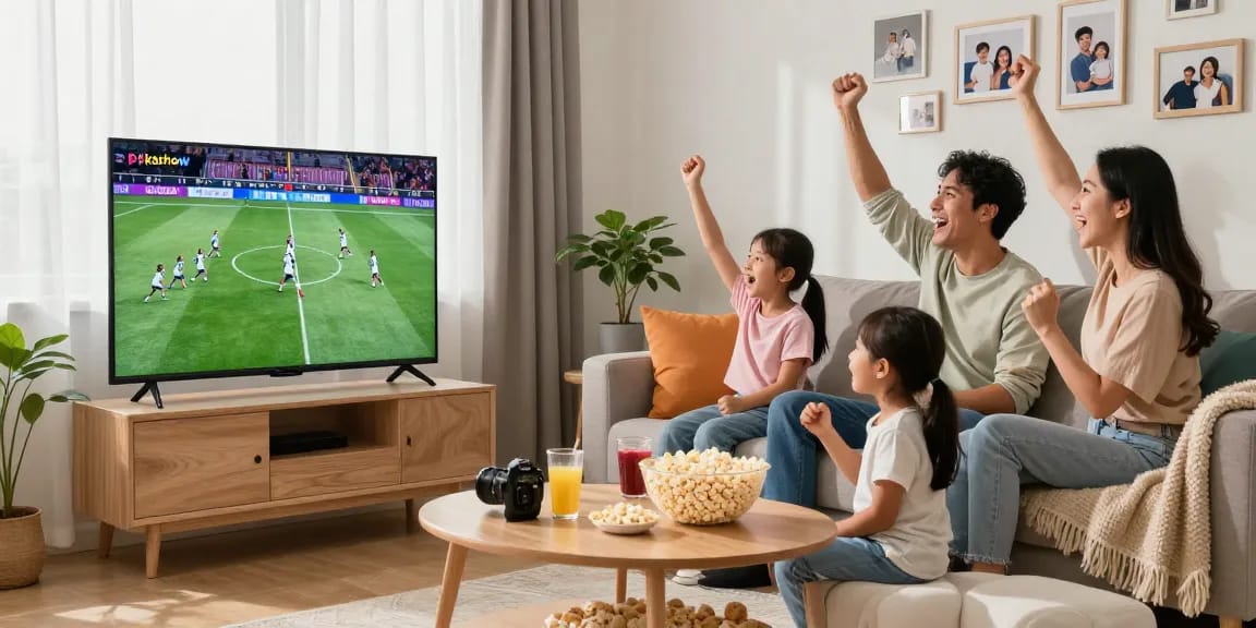 Family enjoying sports on Pikashow while gathered in a cozy living room with snacks.