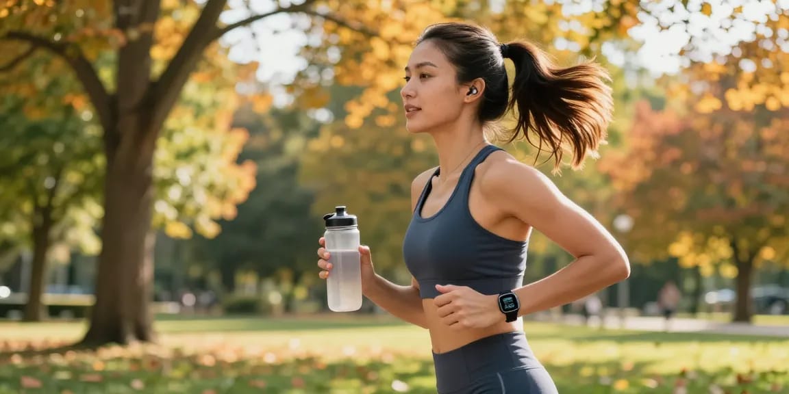 Wanita menggunakan smartwatch saat jogging di taman, menampilkan gaya hidup sehat dan teknologi modern.