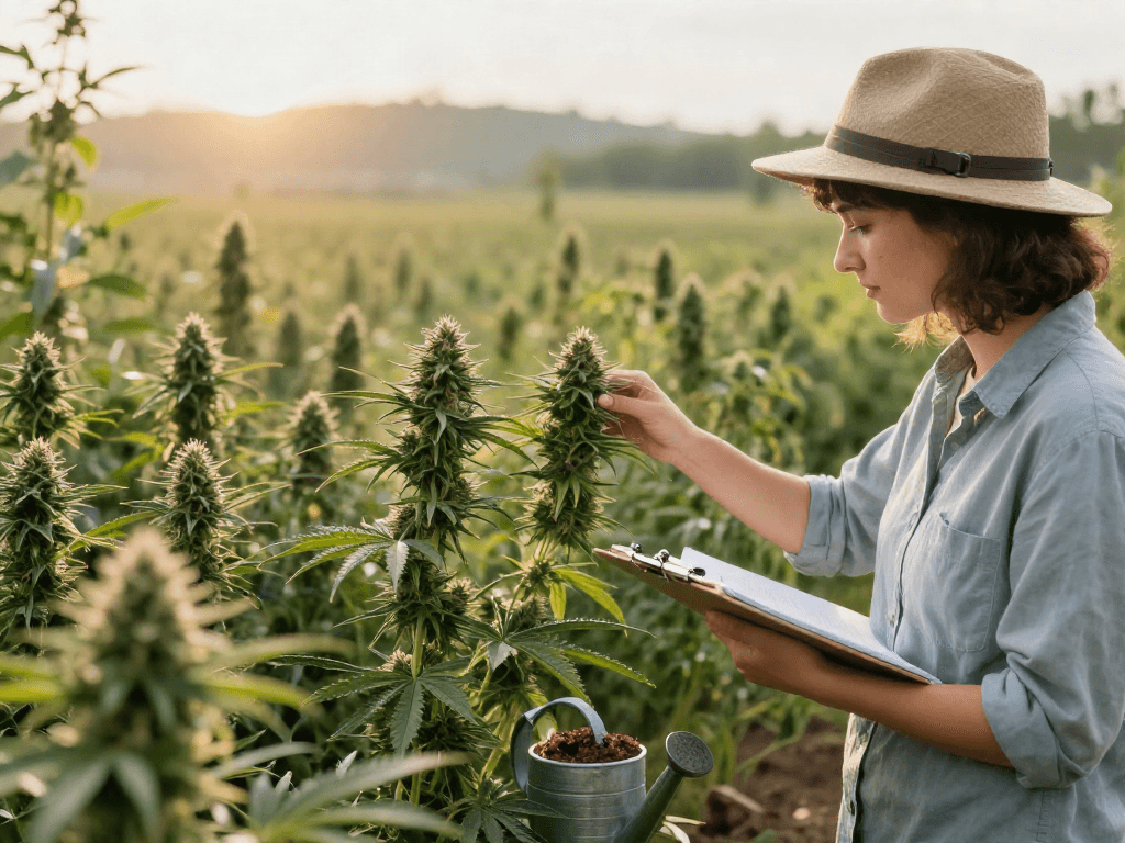 CBN Blüten Bulkware in blühendem Cannabisgarten mit Botaniker, sonnendurchfluteter Atmosphäre