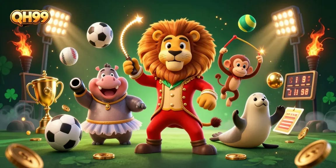 Experience thrilling gameplay at QH99 with vibrant circus characters in an action-packed casino scene.