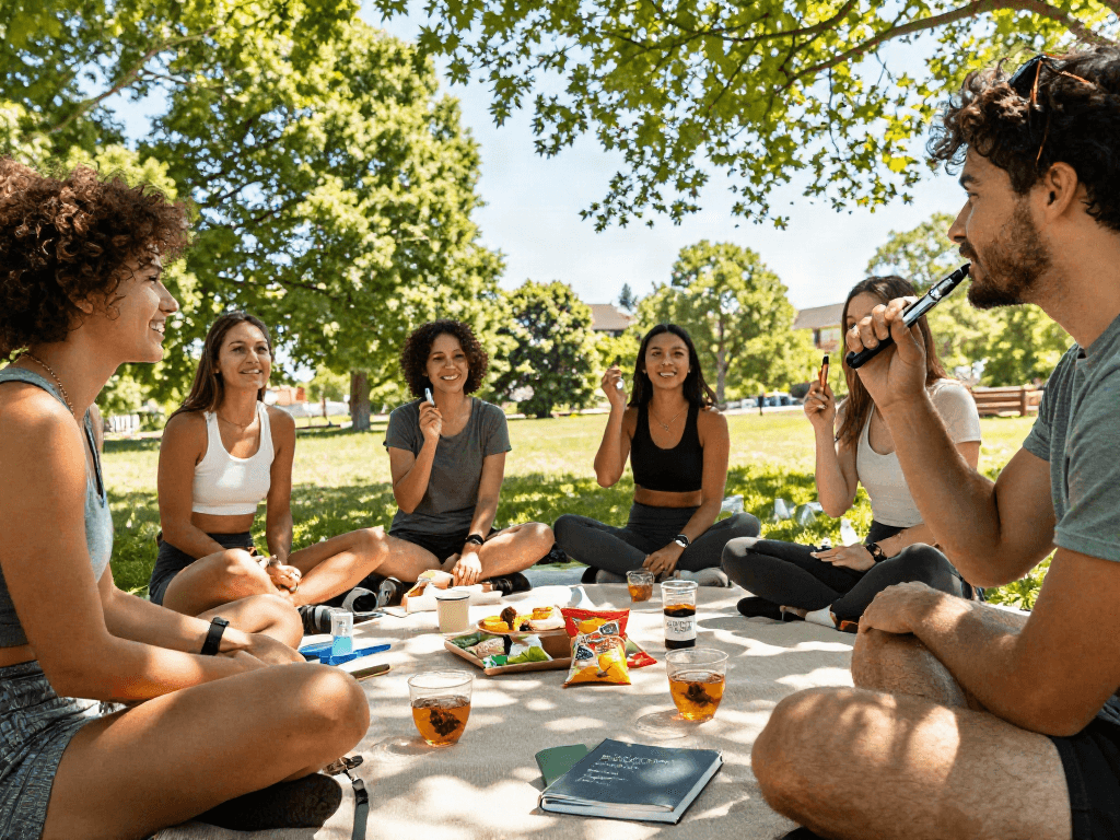 Muha meds disposable vape pen enjoyed in a natural outdoor wellness gathering with snacks and herbal teas.