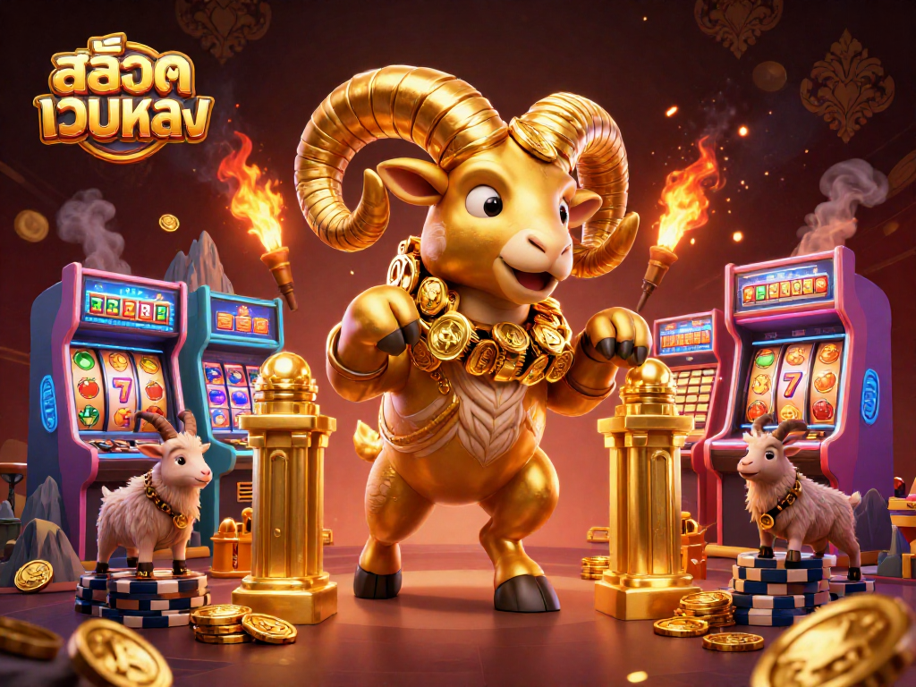 Experience excitement at สล็อตเว็บตรง with a golden ram and arcade games in a rich casino scene.