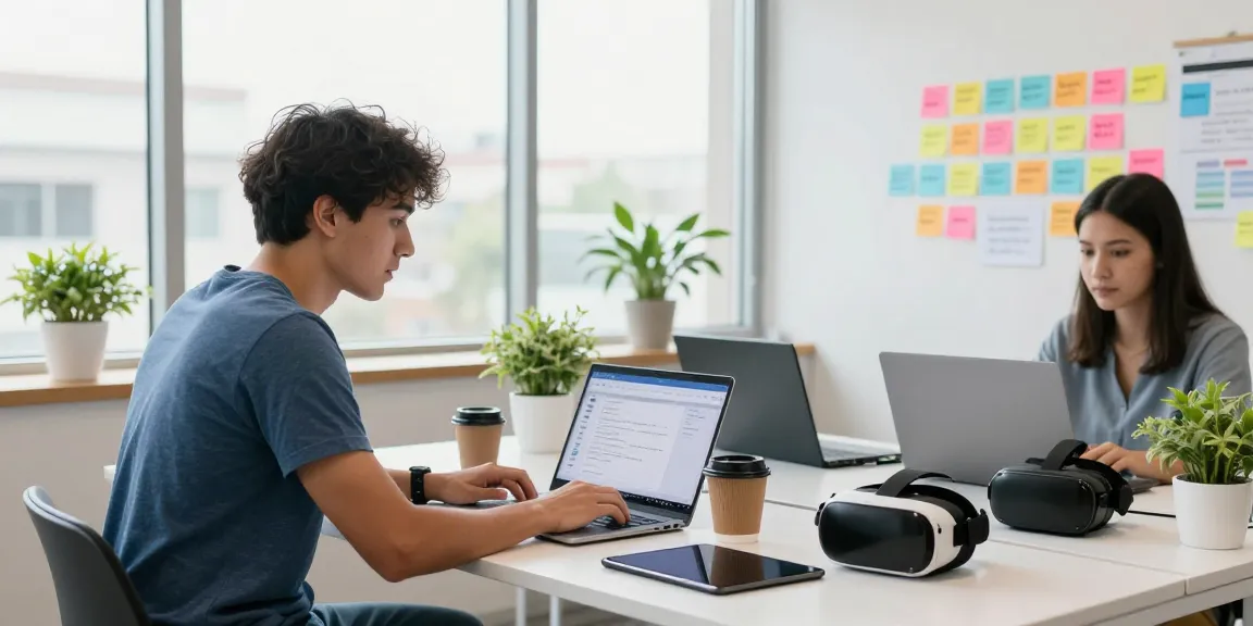 Dynamic tech workspace showcasing Telegram官网 collaboration with developers in a bright office setting.