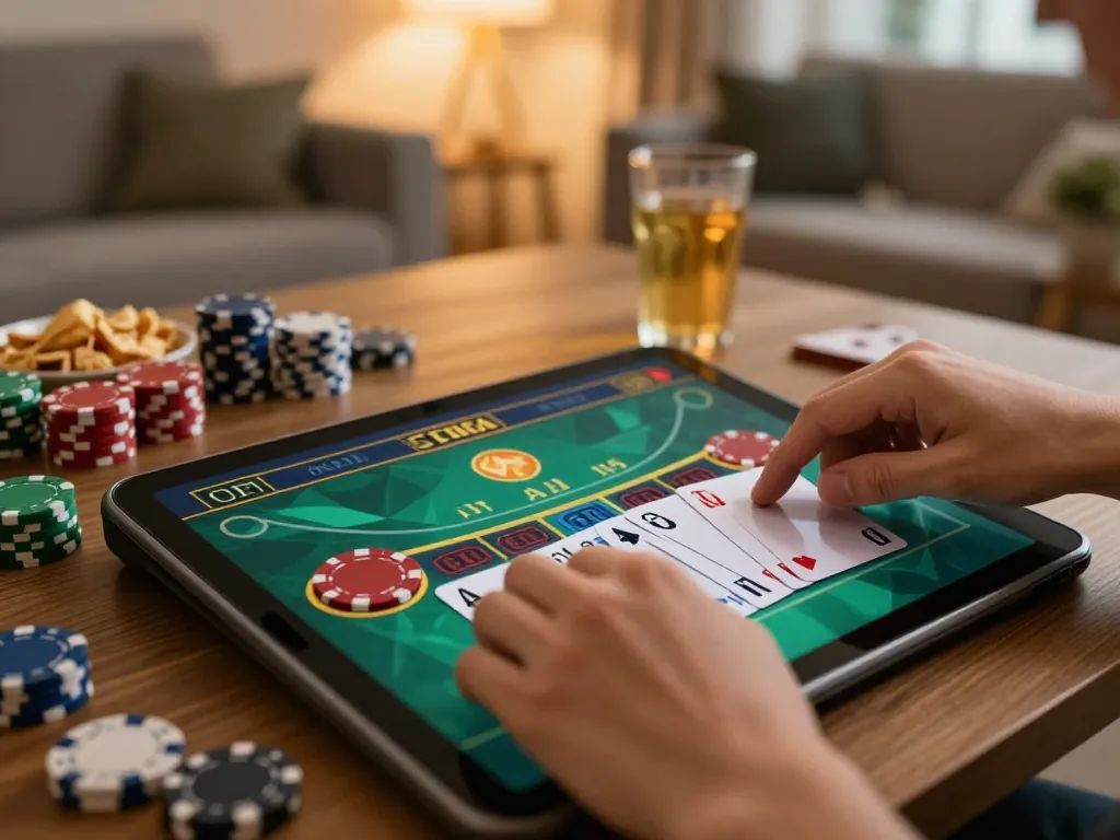 Engaged players enjoying online blackjack gameplay at https://s8inc.com/ from a cozy living room setting.