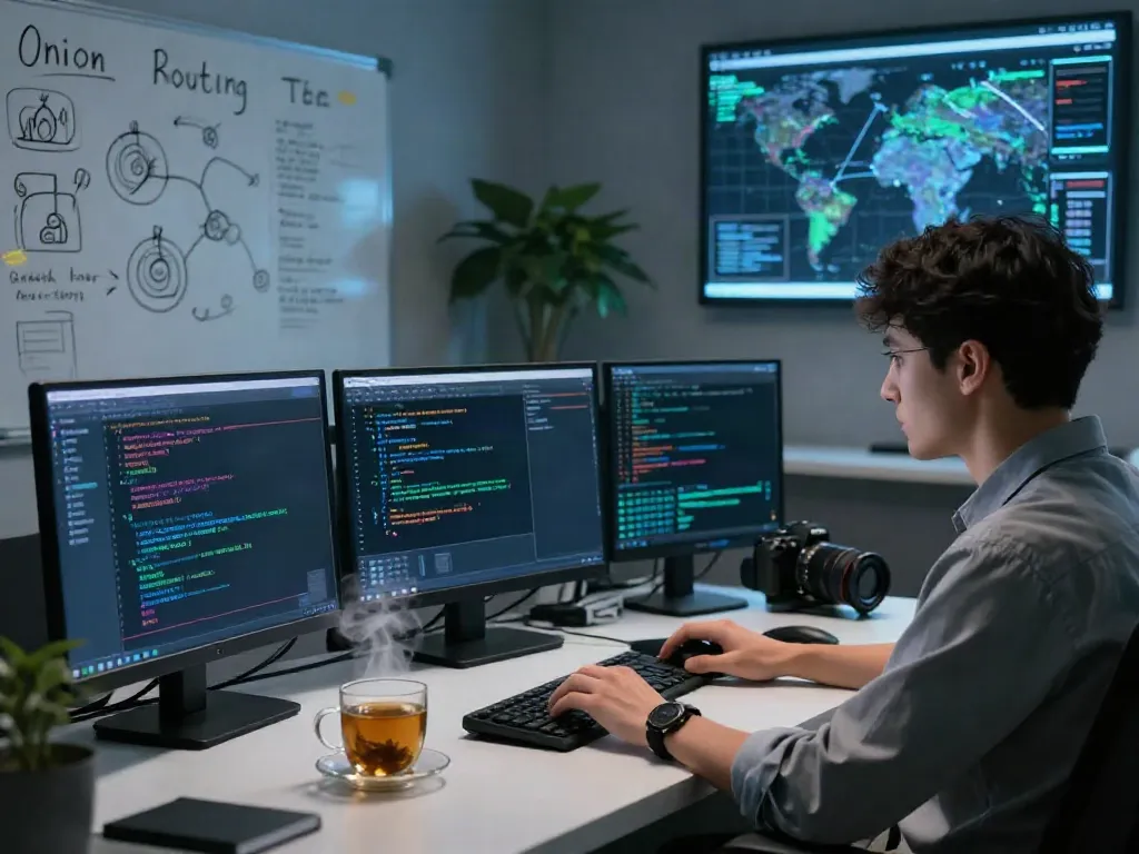 Researcher analyzing dark web data on a complex setup, highlighting the hidden wiki.