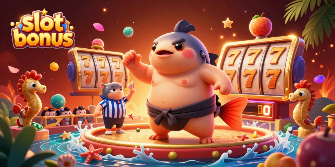 Slot bonus menarik dalam ilustrasi kasino 3D, fugu dan penonton yang ceria.