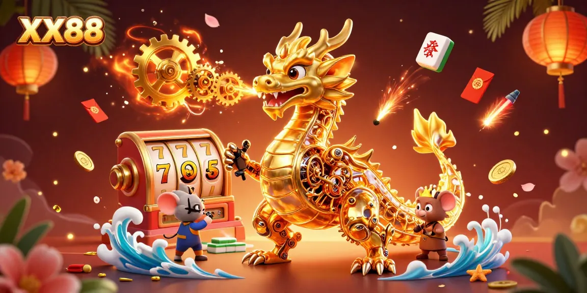Experience thrilling slots at XX88 with a golden dragon unleashing gears and fortunes.