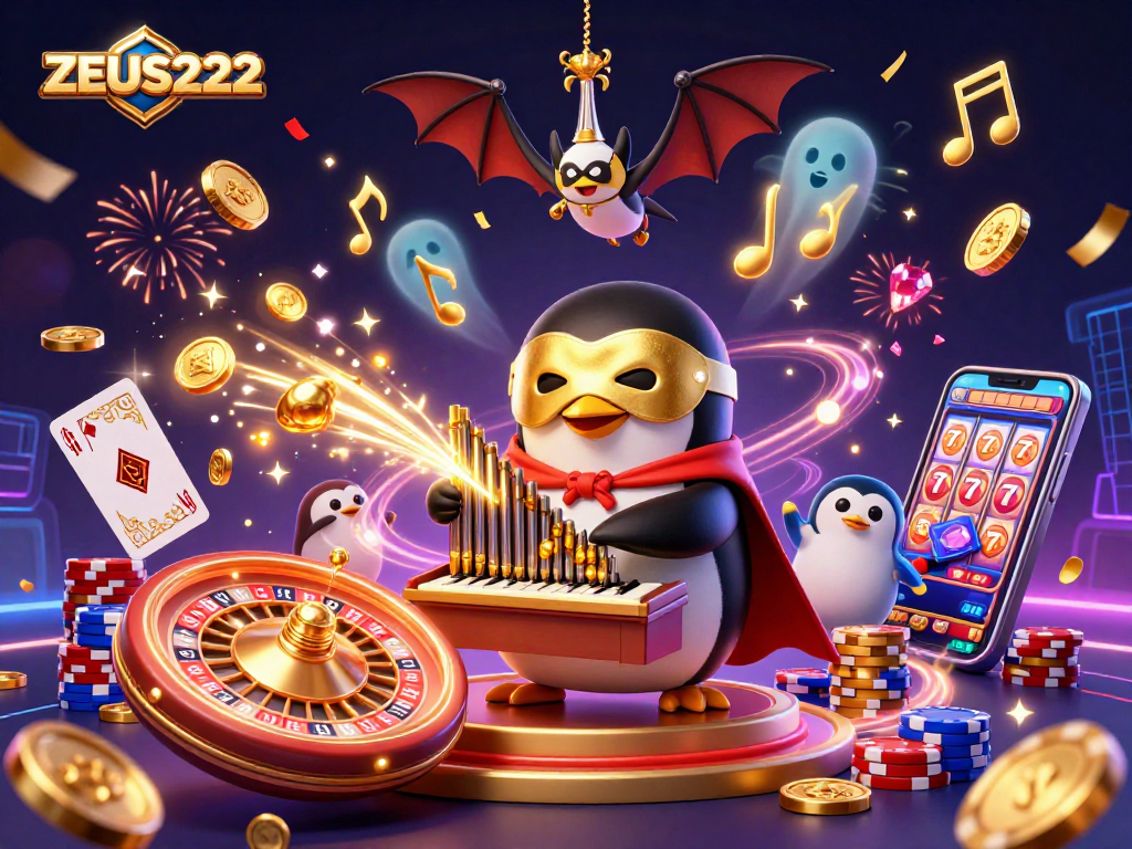 Engage with ZEUS222's thrilling gameplay featuring a penguin and golden delights in a vibrant casino scene.